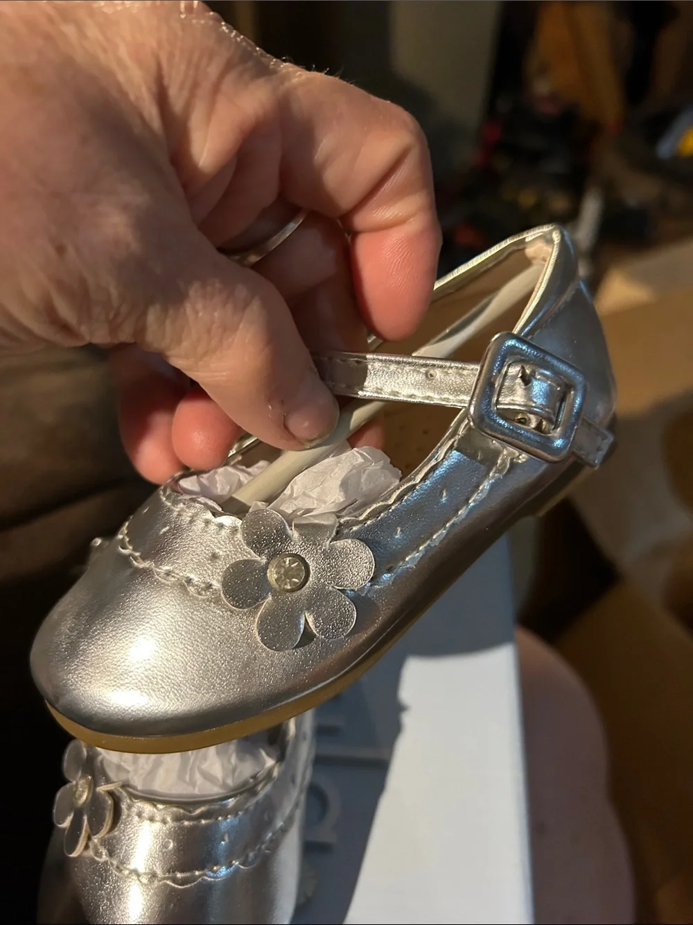 Girls Metallic Silver Mary Jane Dress Shoes with Floral Accent